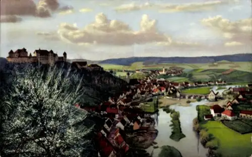 Ak Hamburg Harburg an der Elbe, Landschaft mit Fluss, Häusern, Bäumen, Burg im Hintergrund