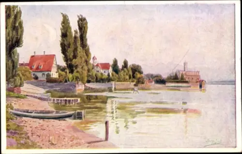 Künstler Ak Marschall, J., Langenargen am Bodensee, Blick auf den Ort mit Schloss Montfort