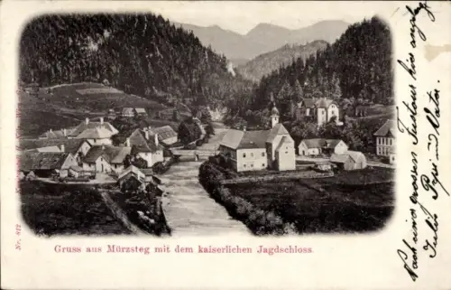 Ak Mürzsteg Steiermark, Schöne Landschaft, Fluss, kaiserliches Jagdschloss, kleine Häuser