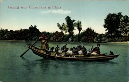 Ak China, Fischer mit Kormoranen, Fischerboot