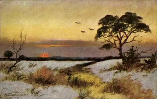 Künstler Ak Sonnenuntergang, Winter, Baum, Vögel im Flug