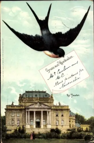 Ak Wiesbaden in Hessen, Vogel über Theater,  aus  Text auf Französisch