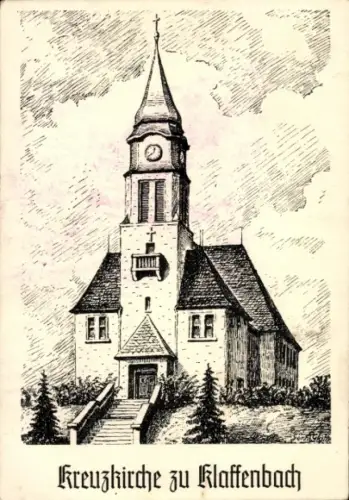 Ak Klaffenbach Chemnitz in Sachsen, Kreuzkirche zu  Zeichnung der Kirche, Uhrturm, Bäume im Vorde