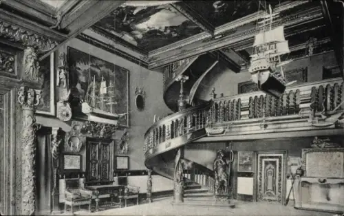 Ak Gdańsk Danzig, Treppenhaus, Gemälde, Schiffsmodell, Statuen, kunstvolle Verzierungen