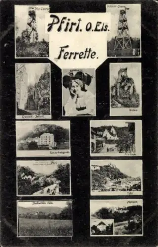 Ak Ferrette Pfirt Elsass Haut Rhin,  mit Bildern von  Frau mit Hut, verschiedene Landschaften