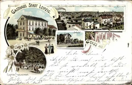 Litho Naunhof bei Leipzig, Gesamtansicht Gasthaus Stadt Leipzig, Garten-Etablissement, Bahnhof