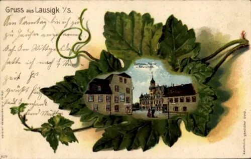 Weinblatt Passepartout Litho  Bad Lausigk Bad Lausick in Sachsen, Rathaus, Markt, Kirchplatz