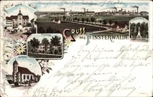 Litho Finsterwalde in der Niederlausitz, Schloss, Forsthaus, Stadtkirche, Kriegerdenkmal, Panorama