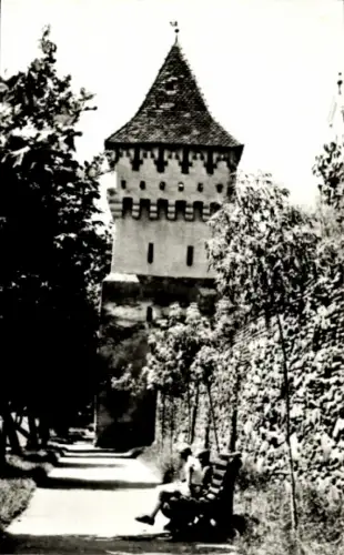 Ak Sibiu Nagyszeben Hermannstadt Rumänien, Topferturm, Schwarz-Weiß-Foto, Baumreihe, Parkbank, Sp