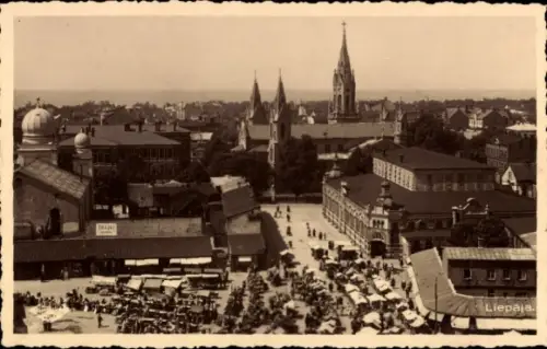 Ak Liepaja Libau Lettland, Stadtpanorama, Markt