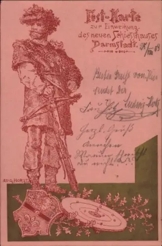 Ak Darmstadt in Hessen,  AUG. HORST
Test-Karte
zur Einweihung
des neuen Schiesshauses