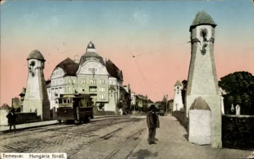 Ak Timișoara Temesvár Temeswar Rumänien, Hungária fürdő, Straßenbahn