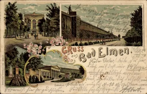 Litho Bad Elmen Salzelmen Schönebeck an der Elbe, Kurhaus, Gradierwerk, Lindenbad, Denkmal
