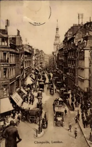 Ak City of Westminster London England, Cheapside,  belebte Straße,  Fahrzeuge, Menschenmenge