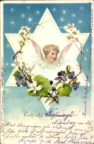 Litho Frohe Weihnachten, Engel, Stern, Veilchen, blühende Zweige