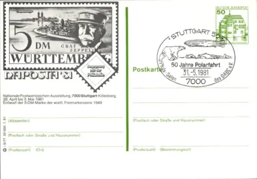 Ganzsachen Ak Naposta '81, Nationale Postwertzeichen-Ausstellung Stuttgart 1981, Graf Zeppelin