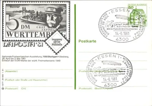 Ganzsachen Ak Naposta '81, Nationale Postwertzeichen-Ausstellung 1981, Graf Zeppelin, Württemberg