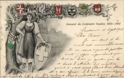 Wappen Ak Souvenir du Centenaire Vaudois 1803-1903, Schweiz