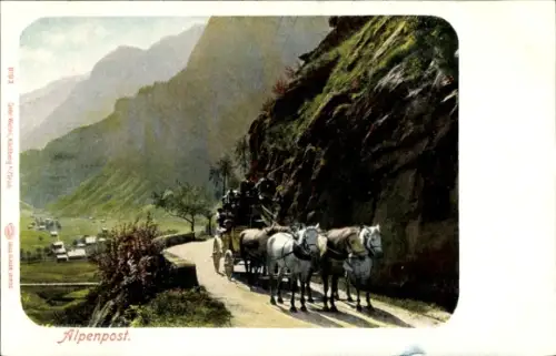 Ak Alpenpost, Postkutsche, Pferde, Straße, Alpen