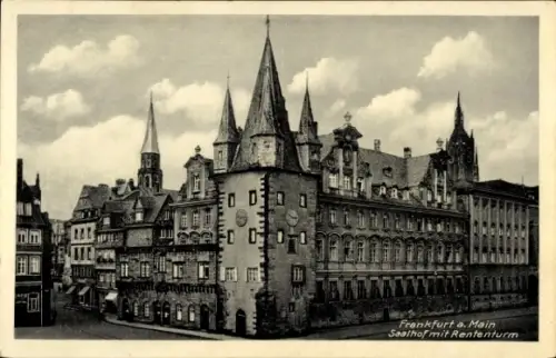 Ak Frankfurt am Main, Saalhof mit Rententurm,  Gebäude, Türme, Schwarz-Weiß-Foto