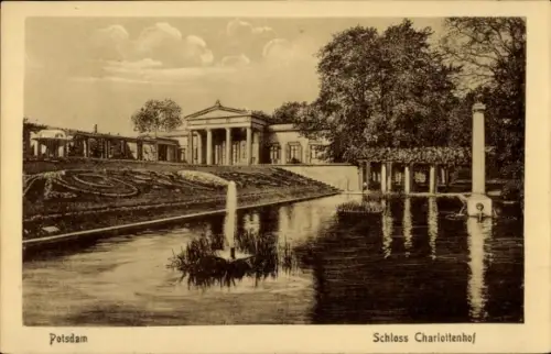Ak Potsdam Sanssouci,  Schloss Charlottenhof, Gartenanlage, Wasser, Säule