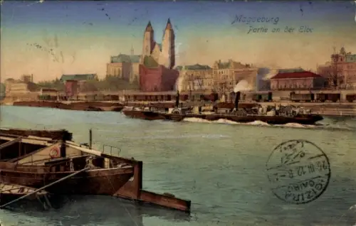 Ak Magdeburg an der Elbe,  Partie an der Elbe, Schiffe auf dem Wasser