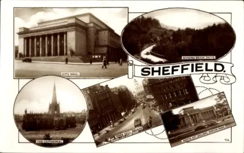 Ak Sheffield Yorkshire England, City Hall, Wyming Brook Drive, Cathedral, Town Hall Square