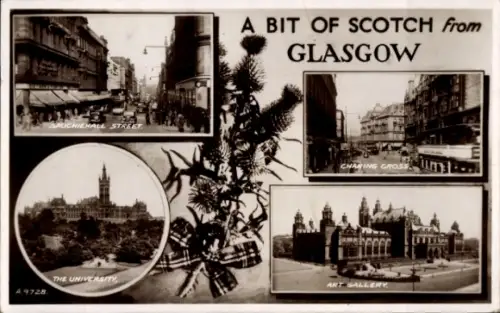 Ak Glasgow Schottland, Sauchiehall Street, Charing Cross, The University, Art Gallery