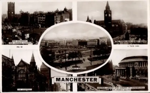 Ak Manchester England, Verschiedene Ansichten von  Piccadilly Gardens, St. Peter's Square