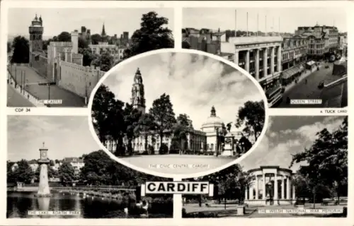 Ak Cardiff Wales, Karte von  Castle, Civic Centre, Roath Park, Welsh National War Memorial