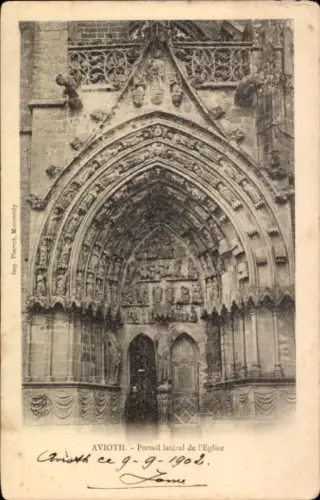 Ak Avioth Meuse, Portal der Kirche in  Schwarz-Weiß-Foto, Text in Französisch