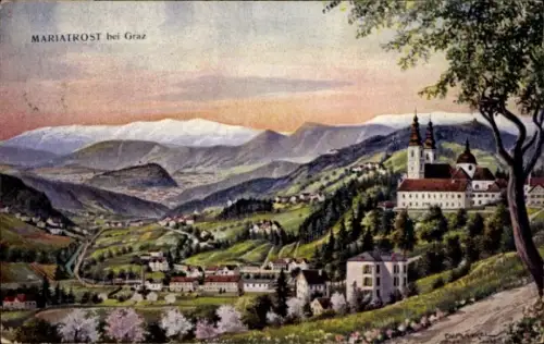 Ak Mariatrost Graz Steiermark, MARIATROST bei Graz, Landschaft, Berge, Gebäude, Bäume, Blumen