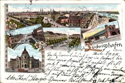 Litho Ludwigshafen am Rhein, Markt, Bahnhof, Post, Rheinbrücke, Totalansicht