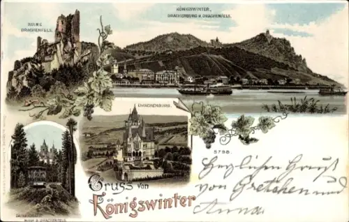 Litho Königswinter am Rhein, Drachenfels, Drachenburg, Ruine