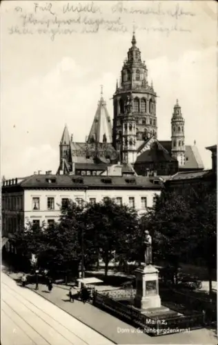 Ak Mainz am Rhein,  Dom, Gutenbergdenkmal, Statue,  Architektur