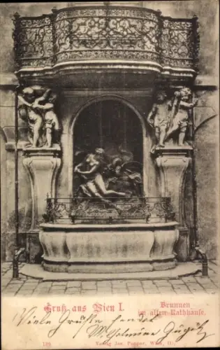 Ak Wien 1 Innere Stadt, Brunnen mit Figuren, alte Rathaus,  