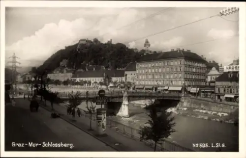 Ak Graz Steiermark,  Mur, Schlossberg, Grand Hotel, Fluss, Bäume, Straßenansicht