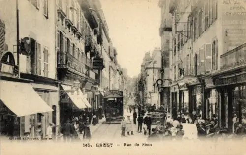 Ak Brest Finistère, Siam Straße, Geschäfte, Straßenbahn