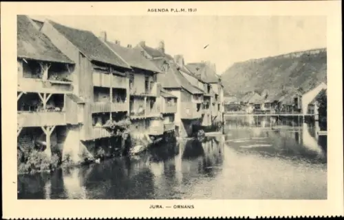 Ak Ornans Doubs, Jura, Häuser am Wasser