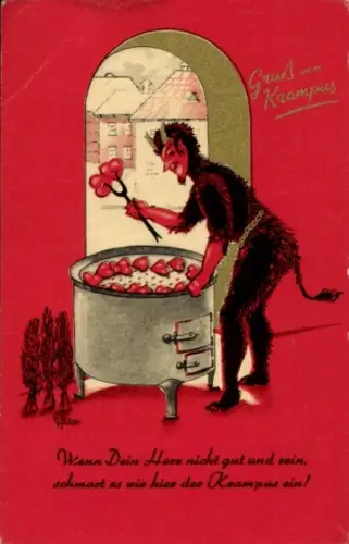 Ak Krampus, Ofen, Herzen