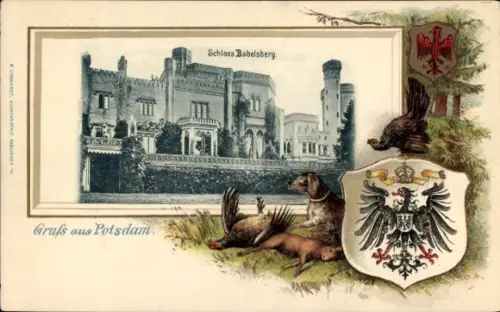 Präge Passepartout Wappen Ak Potsdam, Schloss Babelsberg, Jagdhund, Auerhuhn