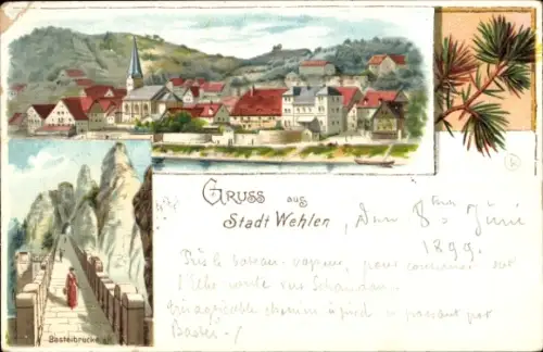 Litho Wehlen an der Elbe Sächsische Schweiz, Gesamtansicht, Basteibrücke