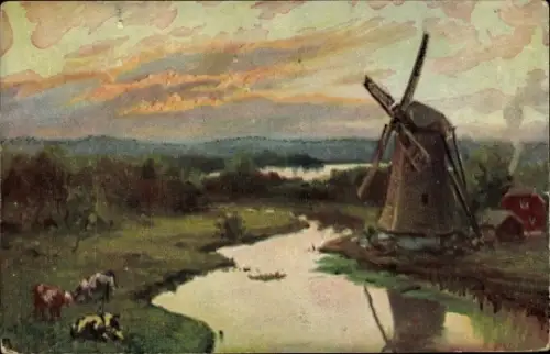 Künstler Ak Landschaft, Windmühle am Fluss