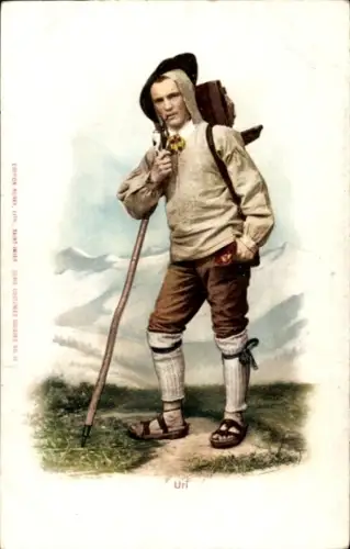 Ak Schweizer Volkstracht aus Uri, Bergmann, Stab, Pfeiffe, Rucksack
