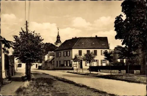 Ak Parey an der Elbe, Straße mit Bäumen, Häusern, Kirchturm,  Fotografie