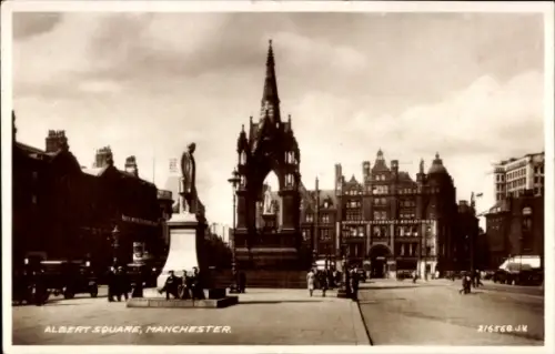 Ak Manchester England, Albert Square, Statue von Prince Albert,  Gebäude, Manchester