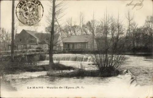Ak Le Mans Sarthe, Moulin de l'Epau, Fluss, Bäume, Gebäude, Schwarz-Weiß-Foto