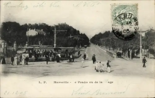 Ak Marseille Bouches du Rhône, Straße mit Straßenbahn, Bäume, Menschen, Poststempel, Marseille