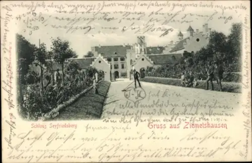 Ak Seyfriedsberg Ziemetshausen in Schwaben, Schloss Seyfriedsberg, Garten, Menschen, Gruss aus Zi