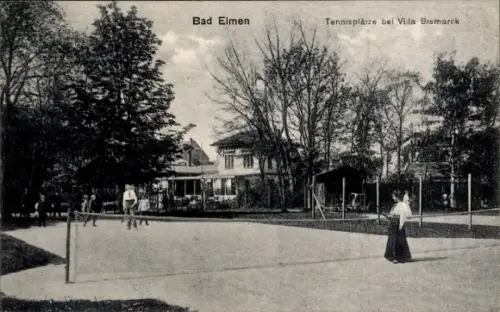 Ak Bad Elmen Salzelmen Schönebeck an der Elbe, Tennisplätze, Villa Bismarck,  Sportler, Bäume